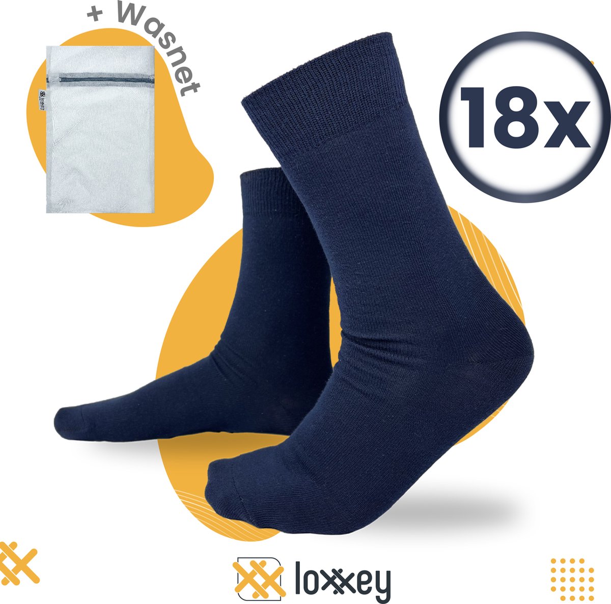 Loxxey® - Katoen - 18 Paar - Heren & Dames - Naadloos - Maat 43-46 - Donkerblauw + Wasnet 33x22cm