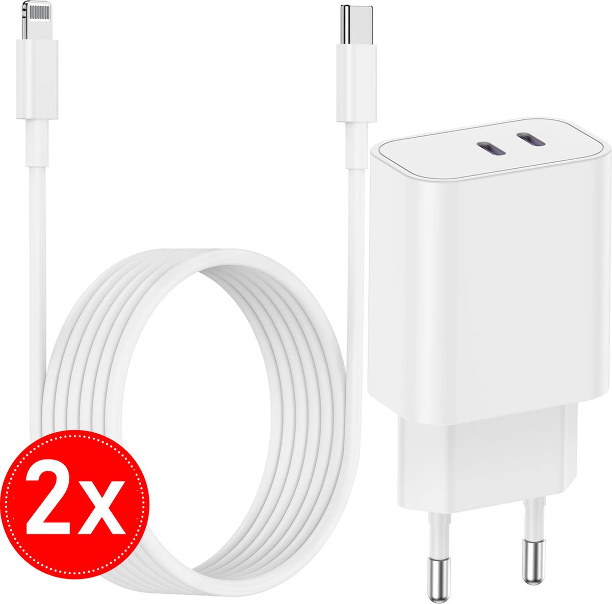 35W Snellader met 2 USB-C Poorten + 2x Geschikt voor iPhone Snellaadkabel - 1 Meter