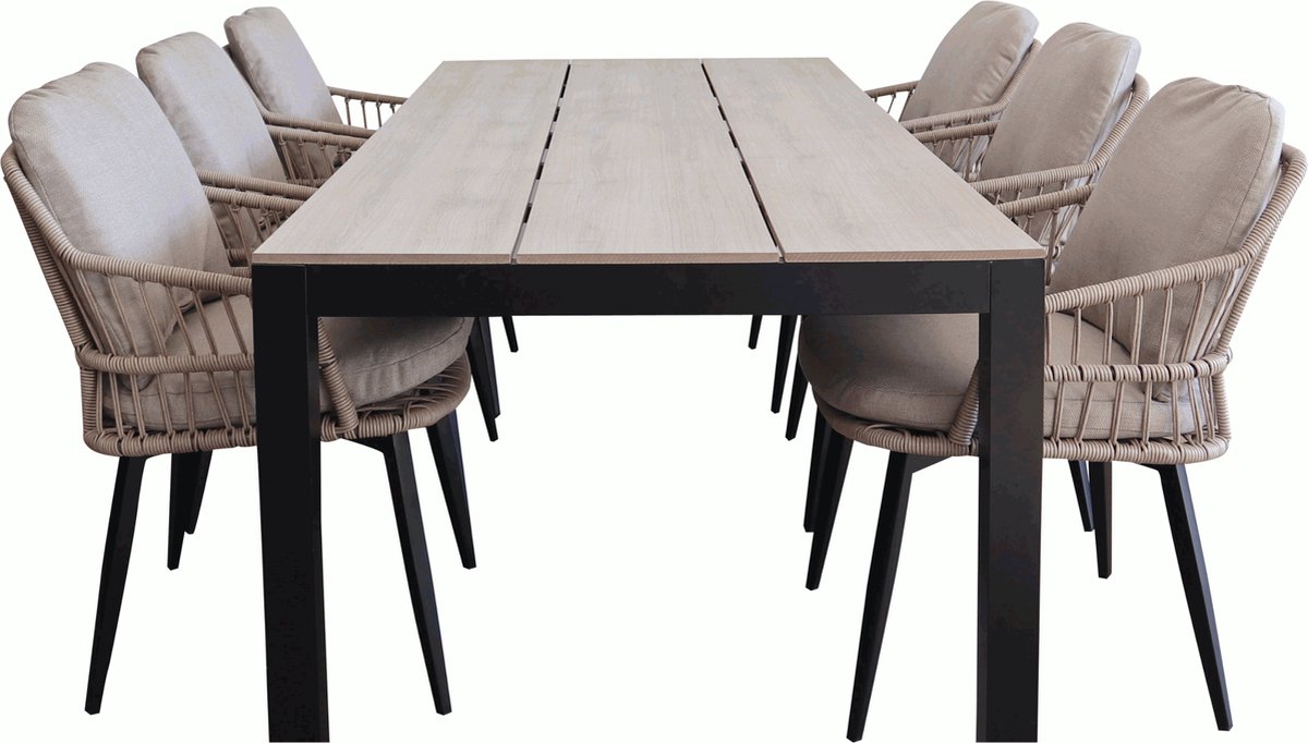 Tuinset met 6 Isabel stoelen in zandkleur en 225cm Cyprus tuintafel in hout.