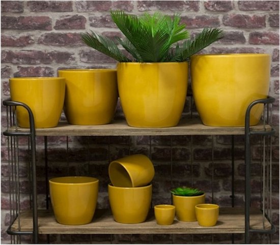 Pot de fleurs en céramique de couleur jaune ocre brillant pour plante d'intérieur H9,5 x D22,5 cm - Cache-pots d'intérieur