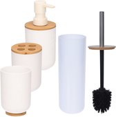 Witte badkamer/toilet set 4-delig met bamboe - Toiletborstelhouders/wc-borstelhouders, zeeppompje en beker - Schoonmaakproducten