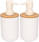 2x Witte zeeppompjes met bamboe 16,5 cm - 300 ml - Badkamer/toilet accessoires - Zeeppompjes navulbaar
