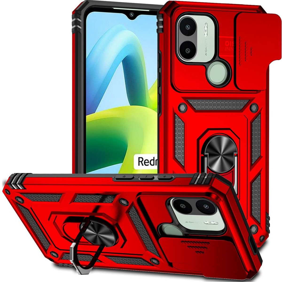 Mobigear Hoesje geschikt voor Xiaomi Redmi A1 4G Telefoonhoesje Hardcase | Mobigear Armor Ring Cam Slide Backcover Shockproof met Ringhouder en Camera Slider | Schokbestendig Redmi A1 4G Telefoonhoesje | Anti Shock Proof - Rood