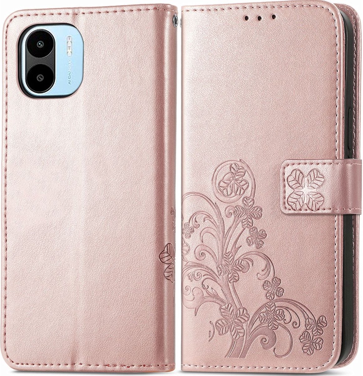 Mobigear Telefoonhoesje geschikt voor Xiaomi Redmi A1 4G Hoesje | Mobigear Clover Bookcase Portemonnee | Pasjeshouder voor 3 Pasjes | Telefoonhoesje voor Pinpas / OV Kaart / Rijbewijs - Roségoud