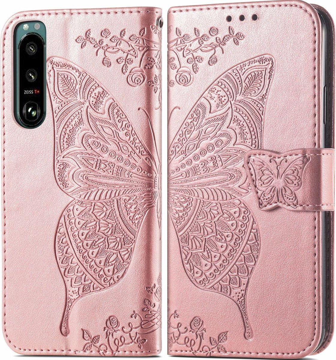 Mobigear Telefoonhoesje geschikt voor Sony Xperia 5 IV Hoesje | Mobigear Butterfly Bookcase Portemonnee | Pasjeshouder voor 3 Pasjes | Telefoonhoesje voor Pinpas / OV Kaart / Rijbewijs - Roségoud