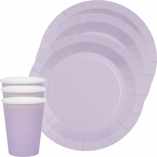 Set vaisselle fête/anniversaire Santex - 20x assiettes et gobelets - violet  lilas - karton