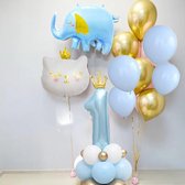 Eerste verjaardag ballonnen cakesmash set goud blauw met dieren en andere ballonnen - verjaardag - 1 - cakesmash - ballon - olifant - kat - poes