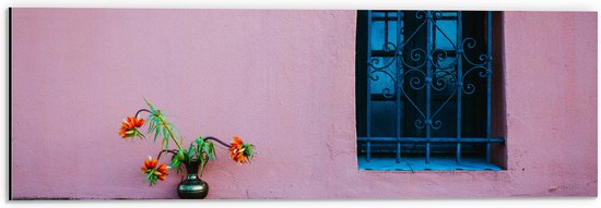 Dibond - Vaasje met Bloemen op Muur van Roze Woning - 60x20 cm Foto op Aluminium (Wanddecoratie van metaal)