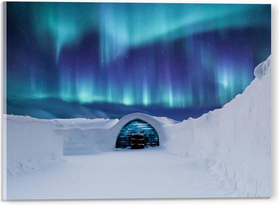 Acrylglas - Iglo in IJslandschap onder Noorderlicht - 40x30 cm Foto op Acrylglas (Wanddecoratie op Acrylaat)