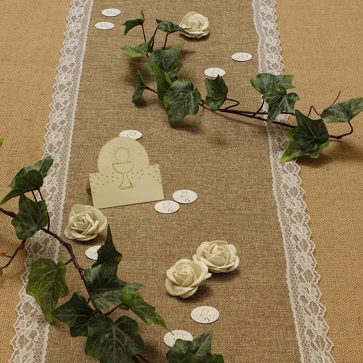 Chaks Jute tafelloper - met wit kant - 29 x 500 cm - Tafeldecoratie versieringen