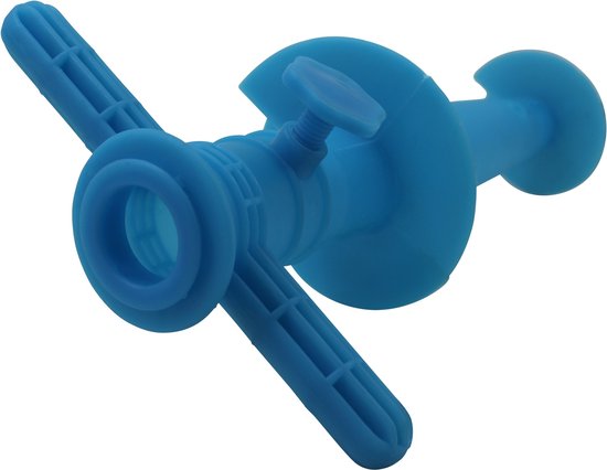 Blauwe parasolhouder met schroefdraad, T-vormig handvat en een extra ring.