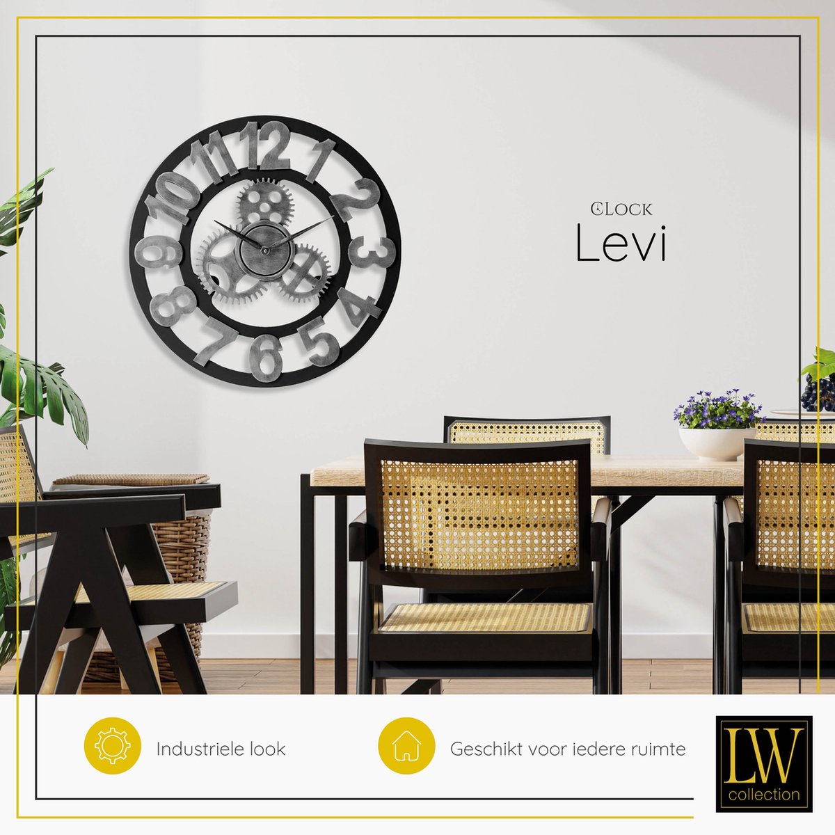 LW Collection XL Wandklok zwart grijs hout 80cm - Grote Industriële wandklok - Wandklok met tandwielen - Landelijke klok stil uurwerk — cadeau in Wonen & Interieur - foto 3