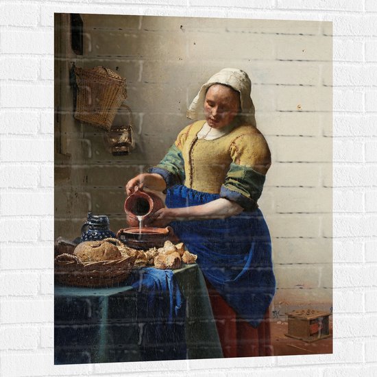 Muursticker - Het melkmeisje, Johannes Vermeer, ca. 1660 - 75x100 cm Foto op Muursticker