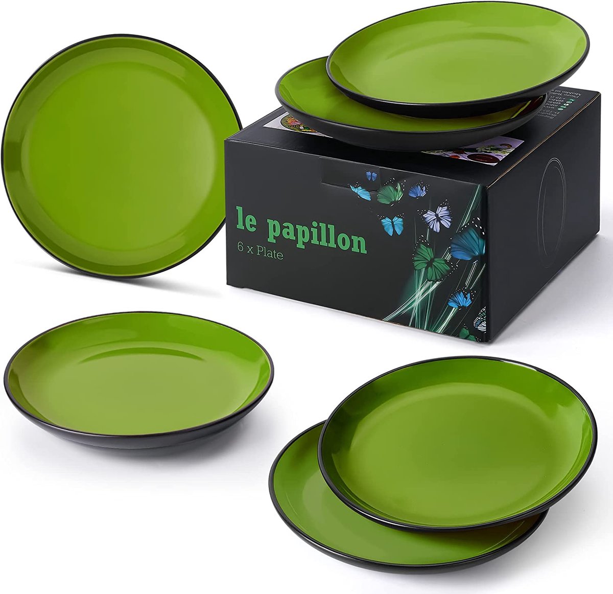 MIAMIO – 6 x bord / diner bord set steengoed keramische servies set - Le Papillon collectie (8 inch, groen)