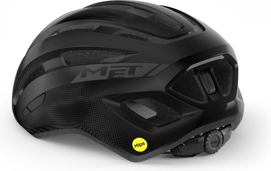 Zwarte MET helm met MIPS-logo, aerodynamische vormgeving en ventilatieopeningen.
