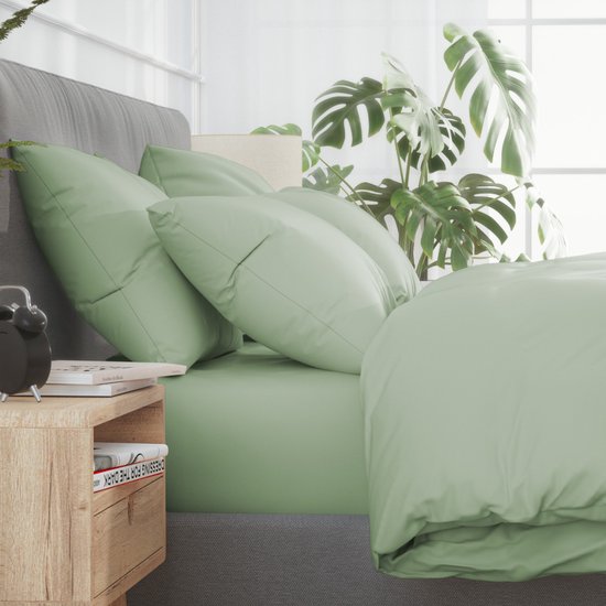 Nordic Paradise - Housse de couette en satin de Katoen de Luxe 200x220 cm + 2 taies d'oreiller 60x70 cm avec fermeture éclair fine - Vert pastel