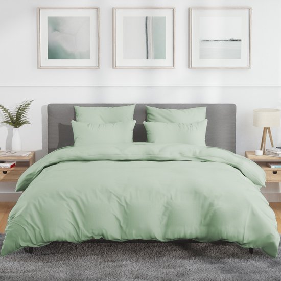Nordic Paradise - Housse de couette en satin de Katoen de Luxe 200x220 cm + 2 taies d'oreiller 60x70 cm avec fermeture éclair fine - Vert pastel