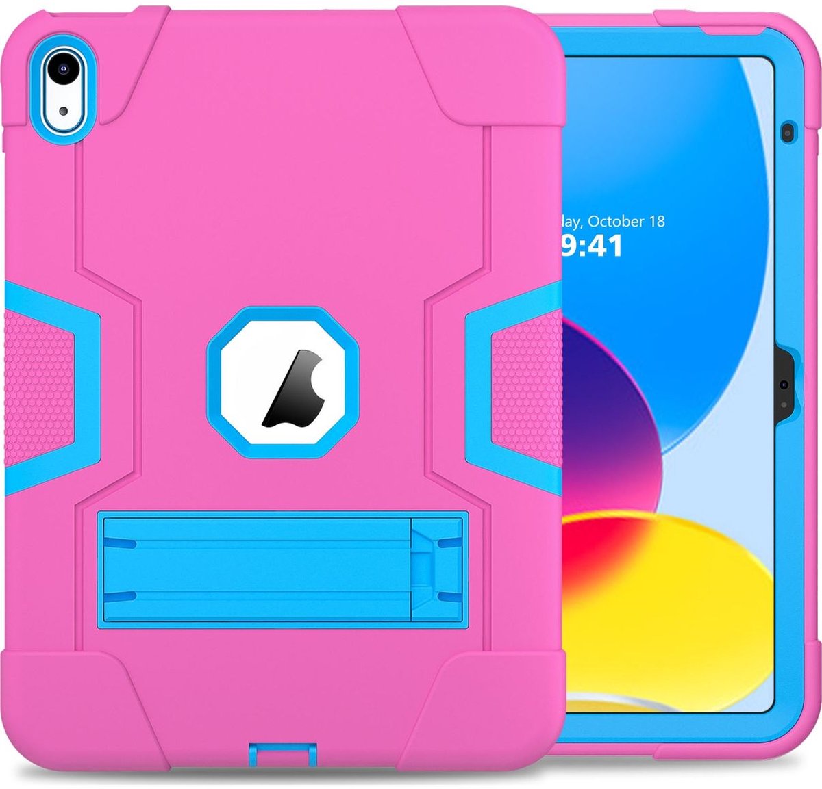 Mobigear Tablethoes geschikt voor Apple iPad 10 (2022) Hardcase Backcover | Mobigear ShieldStand | Schokbestendig iPad 10 (2022) Telefoonhoesje | Anti Shock Proof + Standaard - Blauw / Magenta