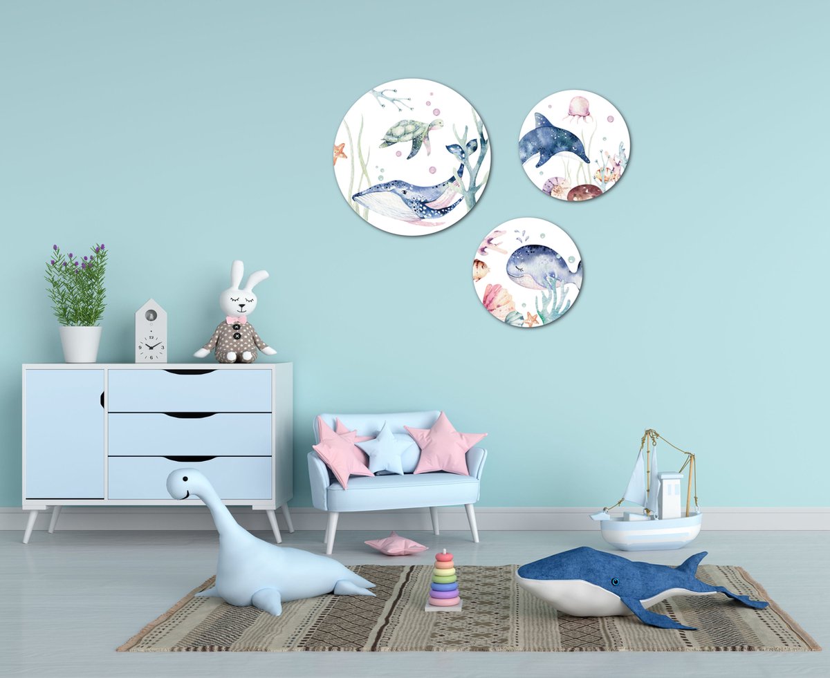 Muurcirkel / Wandcirkel zeedieren onderwater thema klein - set van 3 muurcirkels + ophangsysteem - Decoratie kinderkamer / babykamer jongens & meisjes