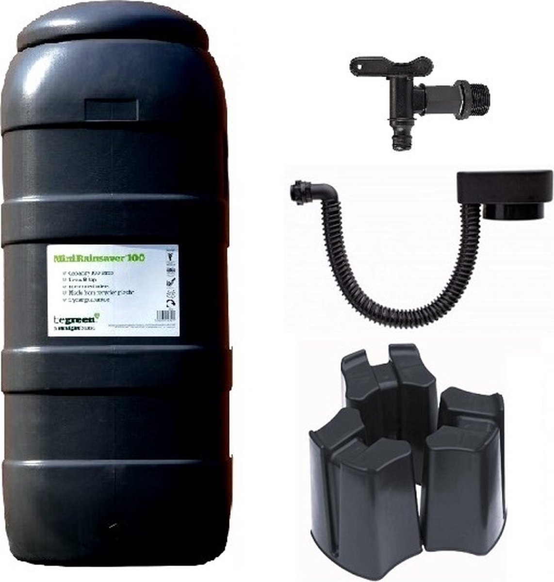 Luxe voordeelset 100L Zwart Rainsaver regenton + kraan + voet + vulautomaat| muurmodel
