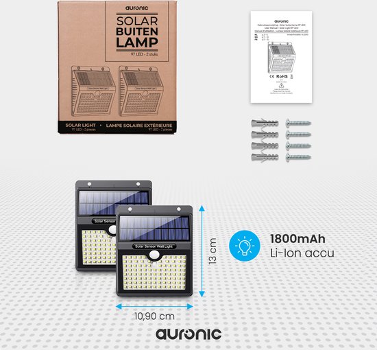 Auronic Solar Buitenlamp, 2 stuks, met 97 LED's, 1800mAh Li-Ion accu, afmetingen 10,90 x 13 cm. Inclusief handleiding en bevestigingsmateriaal.