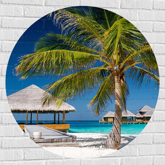 Muursticker Cirkel - Strandhuis op Zee - Malediven - 100x100 cm Foto op Muursticker