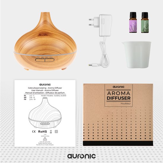 Auronic Aroma Diffuser - 300 ml - Luchtbevochtiger - 7 LED Kleuren - Incl. 2x Etherische Olie - Lichtbruin - Auronic