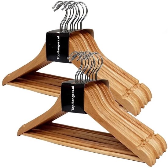 TopHangers [Set van 20] - Scherp geprijsde! blank gelakte houten kledinghangers / combihangers met draaibare haak, handige broeklat en rokinkepingen perfect voor alle soorten kleding