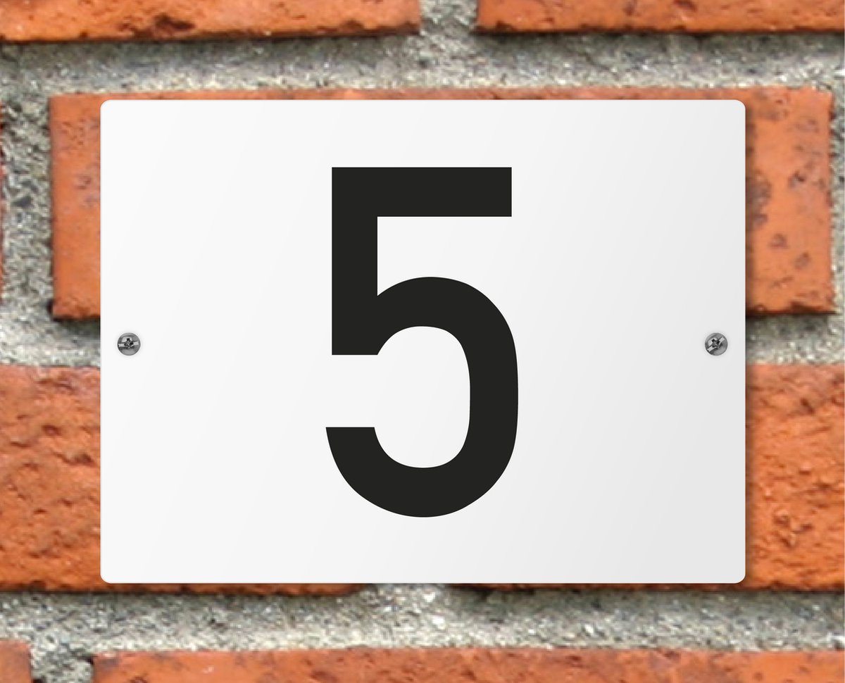 Huisnummerbord wit - Nummer 5 - standaard - 16 x 12 cm - schroeven - naambord - nummerbord - voordeur