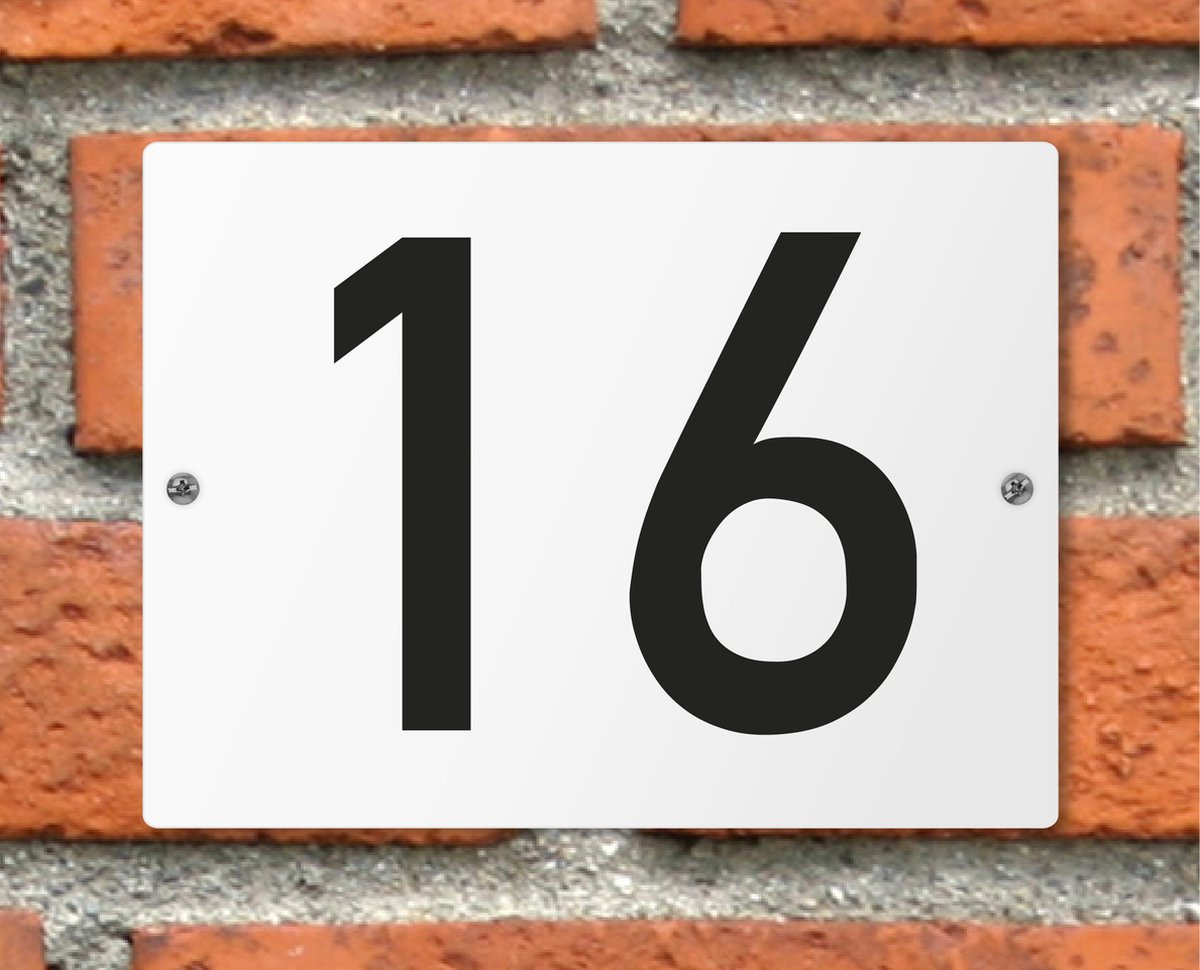 Huisnummerbord wit - Nummer 16 - standaard - 16 x 12 cm - schroeven - naambord - nummerbord - voordeur