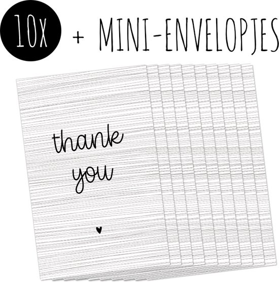 10x Minikaartjes + Mini-envelopjes | THANK YOU | kleine kaartjes met kraft enveloppen