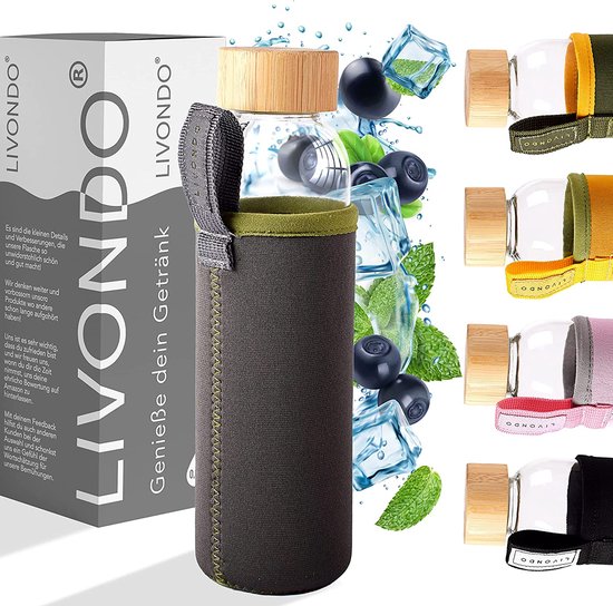 HYDRAGLAZIC 700ml Drinkfles van glas met 2 deksels, rietjesdeksel, bamboedeksel, glazen fles met siliconen hoes, tijdmarkering, waterfles van glas voor koude dranken, paars