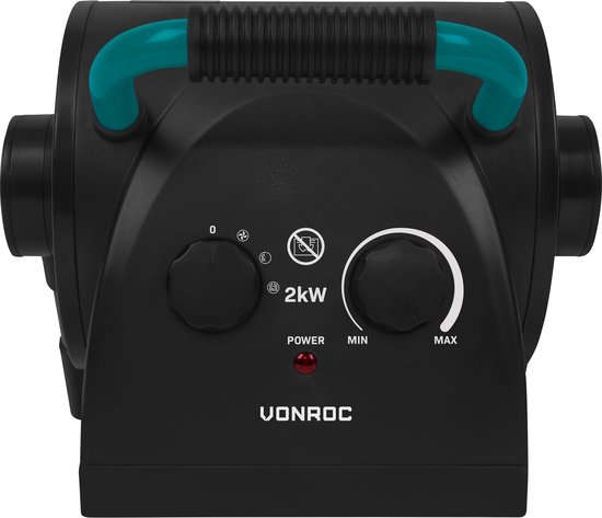 Vooraanzicht van de zwarte keramische kachel. De kachel heeft twee draaiknoppen, een 'POWER' indicator en het merk VONROC.