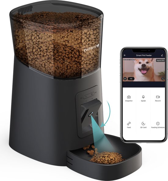 PetHero 3 Voerautomaat Zwart -  Verstelbare camera - smartphone besturing - automatische voerbak voor kat of hond - 6.0 L