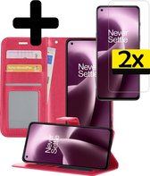 Hoesje Geschikt voor OnePlus Nord 2T Hoesje Book Case Hoes Wallet Cover Met 2x Screenprotector - Hoes Geschikt voor OnePlus Nord 2T Hoesje Bookcase Hoes - Donkerroze