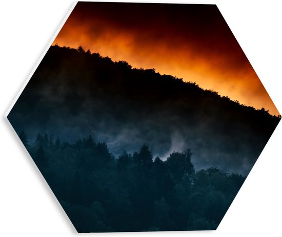 WallClassics - PVC Schuimplaat Hexagon - Grote Bosbrand achter Berg - 30x26.1 cm Foto op Hexagon (Met Ophangsysteem)