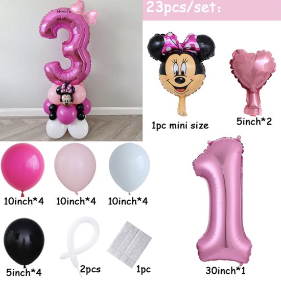 Minnie Mouse Verjaardag Ballonnen - Leeftijd: 1 Jaar - Kinderfeestje Thema MinnieMouse - Disney Mickey & Minnie Mouse - Feestpakket / Feestversiering - Verjaardag Versiering Disney Themafeest - Roze Ballonnen Set