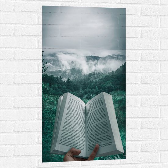 WallClassics - Muursticker - Boek met Uitzicht over Boslandschap - 50x100 cm Foto op Muursticker