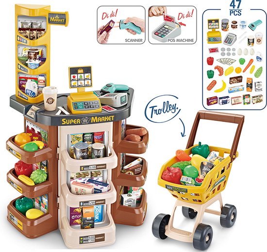 Speelgoed supermarkt XL - 47 stuks - Jongen en meisje - kinderen - Winkeltje - Karretje - Winkelmandje - Kassa - Rollenspel - 3 jaar - Gift - Cadeau