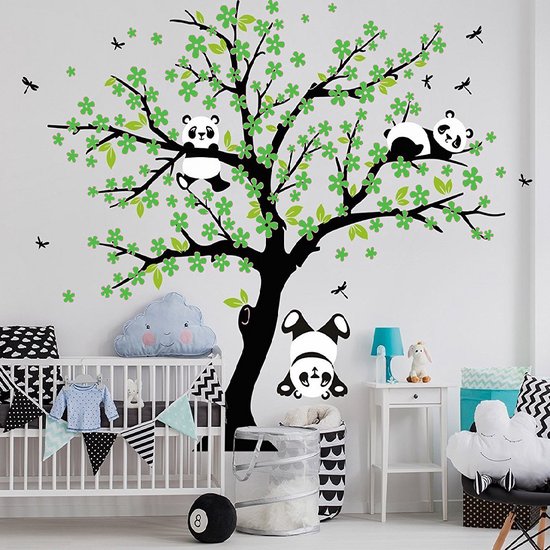 Muursticker Boom met Pandabeertjes Groen XXL | Kinderkamer | Babykamer | Dieren | Decoratie Sticker | Kind