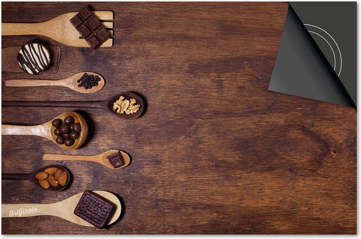 Inductie beschermer 60x52 - afdekplaat inductie mat - Dietrix Kookplaat beschermer - Exclusief - Koffie en Chocola - Lepels Chocola op Hout
