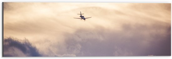 Dibond - Vliegtuig tussen de Wolken - 60x20 cm Foto op Aluminium (Met Ophangsysteem)