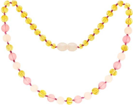 Amberos Barnsteen Kinderketting – Originele Baltische Barnsteen – Barnstenen ketting – 32 cm – Lemon/Rozenkwarts/Pink Jade — afbeelding 3