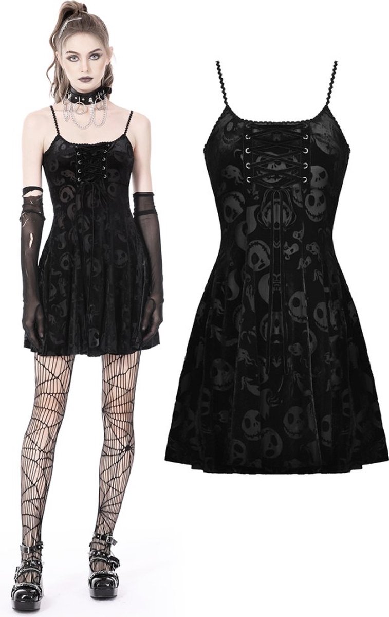 Dark in Love Korte jurk -L/XL- Gothic lace up skull strap Zwart
