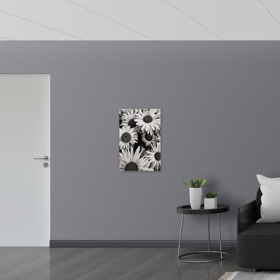 WallClassics - Dibond - Zwart Wit Foto van Zonnebloemen - 50x75 cm Foto op Aluminium (Wanddecoratie van metaal)