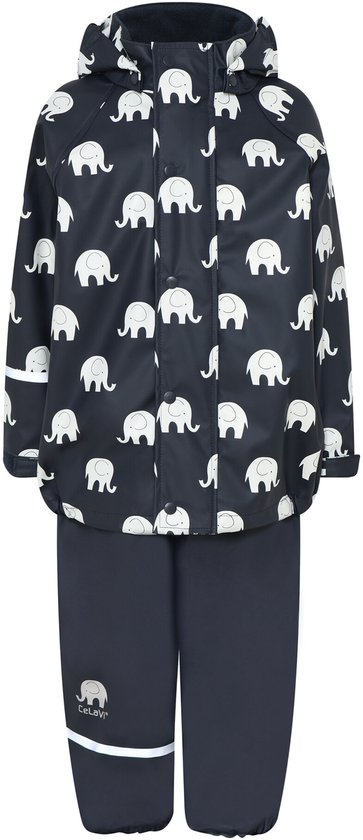 Donkerblauw regenpak van CeLaVi met witte olifantenprint en reflecterende strepen.