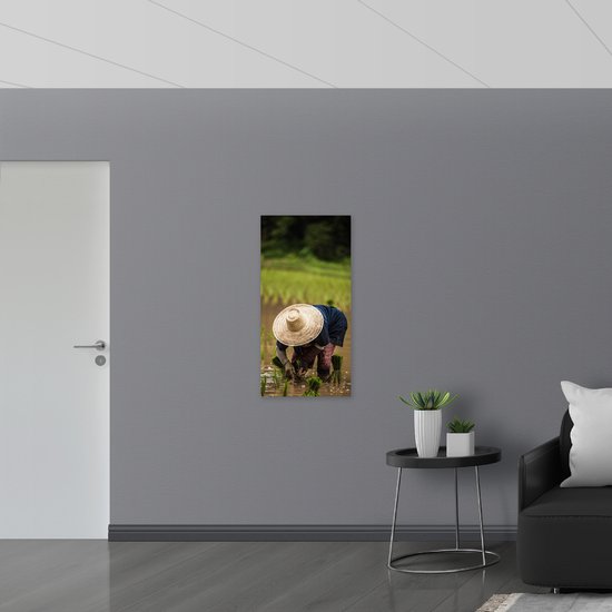 WallClassics - Drapeau - Paysan asiatique cueille du riz - Photo 50x100 cm sur drapeau polyester