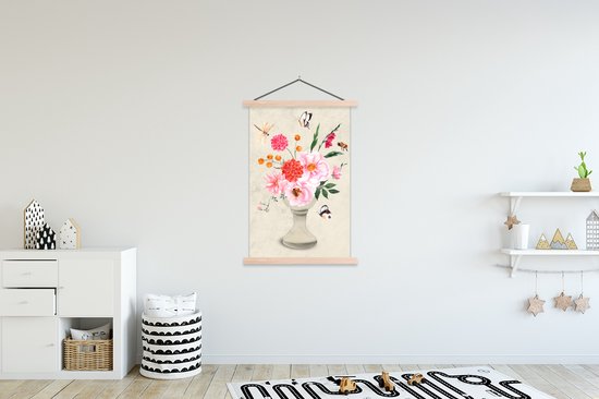 Posterhanger incl. Poster 120x180 cm - Schoolplaat - Stilleven - Waterverf - Insecten - Textielposter - Blanke latten
