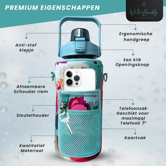 Bouteille d'eau WaterBuddy 2 litres - avec paille - Grande bouteille d'eau - Bouteille de sport - Bouteille d'eau de deux litres - Bouteille de sport - Fitness - Bouteille 2 litres - Bouteille verseuse - bleu - marquage du temps - motivation