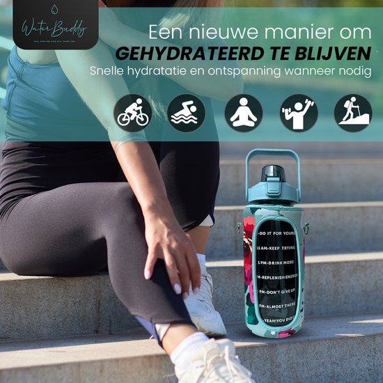 Bouteille d'eau WaterBuddy 2 litres - avec paille - Grande bouteille d'eau - Bouteille de sport - Bouteille d'eau de deux litres - Bouteille de sport - Fitness - Bouteille 2 litres - Bouteille verseuse - bleu - marquage du temps - motivation